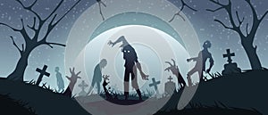 Zombies on graveyard. Cemetery background with scary monsters silhouettes and creepy gravestones. Spooky night landscape