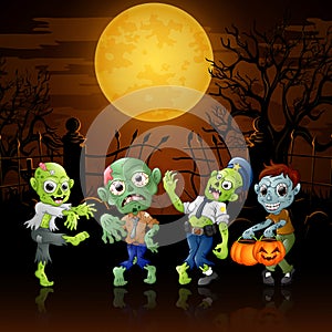 Zombies party cartoon Halloween costumes in graveyard