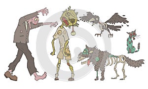 Zombies Set, Decaying Undead People and Animals, Zombie Apocalypse Vector Illustration