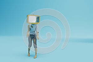 zombification by television propaganda. woman with an old TV on her head. 3d render photo