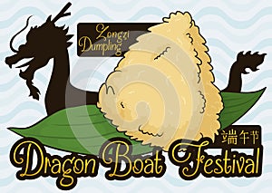 Zongzi Dumpling and Dragon Boat Silhouette for Duanwu Festival Celebration, Vector Illustration