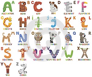 Zoo alphabet. Animal alphabet. Letters from A to Z. Cartoon cute animals isolated on white background