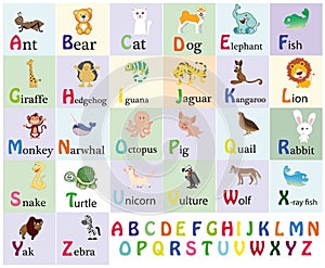 Zoo alphabet. Animal alphabet. Letters from A to Z. Cartoon cute animals isolated on white background. Different animals. Alligato