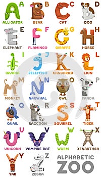 Zoo alphabet. Animal alphabet. Letters from A to Z. Cartoon cute animals isolated on white background