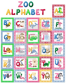 Zoo alphabet animal letters cartoon cute characters isolated different educational english abs kid letter illustration.