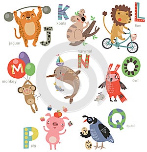 Zoo Alphabet for children. Set of letters and illustrations. Cute animals