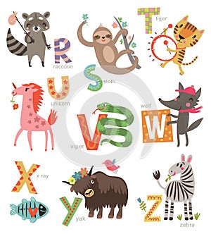 Zoo Alphabet for children. Set of letters and illustrations. Cute animals