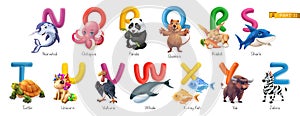 Zoo alphabet. Funny animals, 3d vector icons set