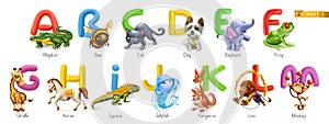 Zoo alphabet. Funny animals, 3d vector icons set. Letters A - M Part 1