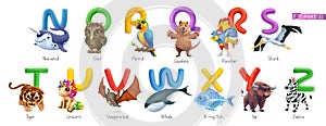 Zoo alphabet. Funny animals, 3d vector icons set. Letters N - Z Part 2