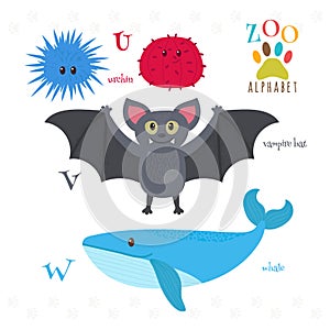 Zoo alphabet with funny cartoon animals. U, v, w letters. Urchin