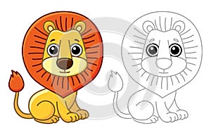 Zoo animal for children coloring book. Funny lion in a cartoon style. Trace the dots and color the picture