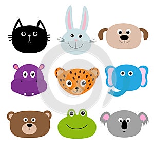 Zoo animal head face. Cute cartoon character set. Baby children education. Cat, rabbit, hare, jaguar, dog, hippopotamus, elephant,