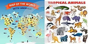 Zoo animals banner set, cartoon style