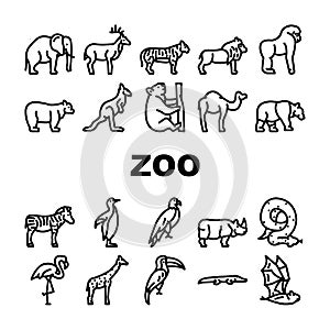 Zoo Animals, Birds And Snake Icons Set Vector