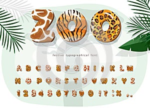 Zoo animals cartoon font. Jaguar, cheetah, tiger, giraffe fur print alphabet. Jungle adventure letters and numbers. For