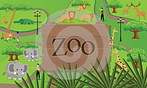 Zoo animals map sign board wood nature vector illustration