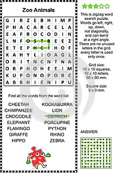 Zoo animals wordsearch puzzle
