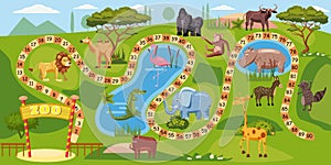 Zoo board game with numbers for children, lion, elephant, flamingo, buffalo, hippopotamus, crocodile, gorilla, camel