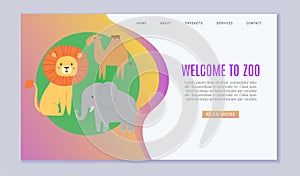 Zoo cartoon animal, vector illustration. Welcome to zoo landing banner, funny safari template poster with wildlife