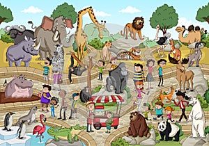 Zoo with cartoon animals and people.