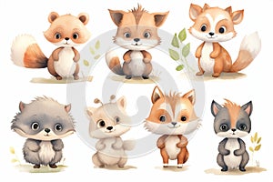 Zoo cartoon forest character drawing cute raccoon fox set animals art