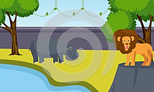 Zoo cartoon illustration with safari animals on forest background