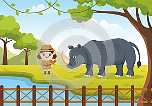 Zoo Cartoon Vector Illustration with Safari Animals Rhinoceros, Cage and Visitors on Territory on Forest Background Design photo