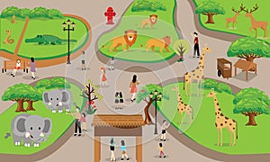 Zoo cartoon people family with animals scene vector illustration