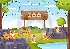 Zoo Cartoon Vector Illustration with Safari Animals Lion, Tiger, Cage and Visitors on Territory on Forest Background Design