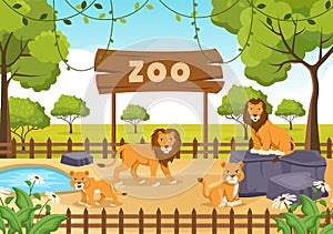 Zoo Cartoon Vector Illustration with Safari Animals Lion, Tiger, Cage and Visitors on Territory on Forest Background Design