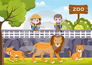 Zoo Cartoon Vector Illustration with Safari Animals Lion, Tiger, Cage and Visitors on Territory on Forest Background Design