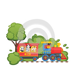 Zoo children train on child railway, panda, tiger, cow, zebra, isolated on white, flat vector illustration. Green forest