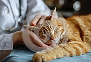 A zoo doctor in a medical gown, a veterinarian or a zoo psychologist hugs and strokes a tabby cat. The concept of caring for