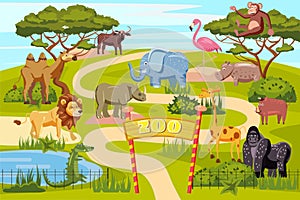 Zoo entrance gates cartoon poster with elephant giraffe lion safari animals and visitors on territory vector