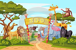 Zoo entrance gates cartoon poster with elephant giraffe lion safari animals and visitors on territory vector