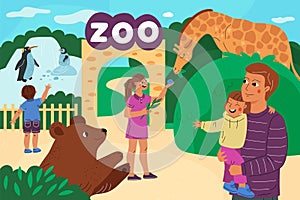 Zoo entrance gates. Safari park doors. Tourists with kids feed animals. Cute penguins. Giraffe and bear. Family leisure