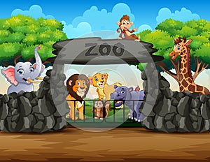 Zoo entrance outdoor view with different cartoon animals