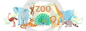 Zoo flat landscape, Cute cartoon animal set background. Exotic Wildlife illustration with tiger lion elephant rhino