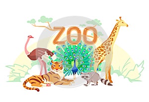 Zoo flat web banner. Group of cartoon animals on white horizontal cover or social media header. Ostrich giraffe tiger