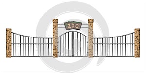 Zoo gate. Isolated object in cartoon style on white background. Gateway with lattice