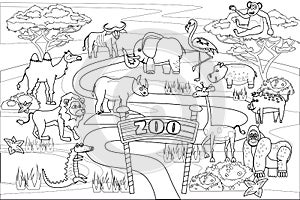 Zoo Jungle, safari animals coloring book edicational illustration for children. Set cute lion, crocodile, monkey