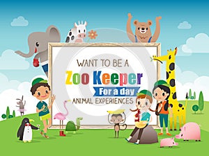 Zoo Keeper for a day children and animals cartoon frame illustration