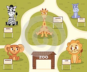 Zoo map. Animals safari park plan.