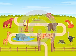 Zoo Park with Wild Animals, Natural Landscape with Wild Giraffe, Elephant, Lion, Monkey, Rhino, Turtle, Ostrich, Bear