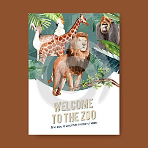 Zoo poster design with lion, giraffe, deer, bird watercolor illustration