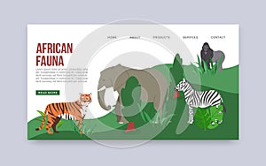 Zoo or safari entrance with african animals vector web template. Illustration of tiger, elephant, gorilla and zebra