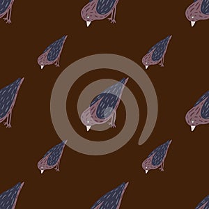 Zoo seamless pattern with flying purple birds ornament. Dark brown background. Simple design
