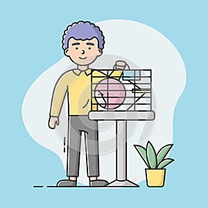 Zoo Shop Concept. Young Boy Have Bought A Hamster In Cage From Zoo Online Shop. A Friendship Between People And Animal