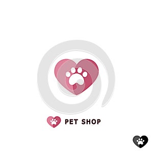 Zoo store logo. Heart with paw print. Goods for animals symbol. Paw print logo